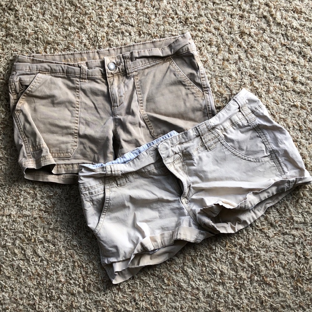 Two dark and light khaki shorts
